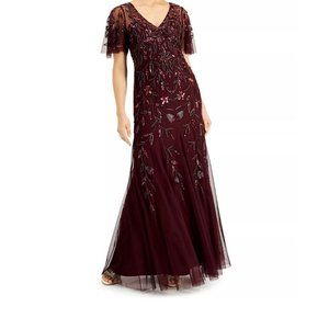 Adrianna Papell Burgundy Beaded Embellished Floor Length Plus Size Gown